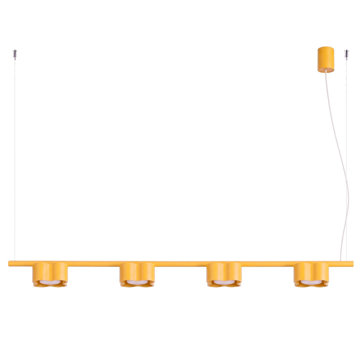 Lustre Ovio 4 laque jaune sur fond blanc avec sa barre ses quatre têtes ondulées et sa rosace