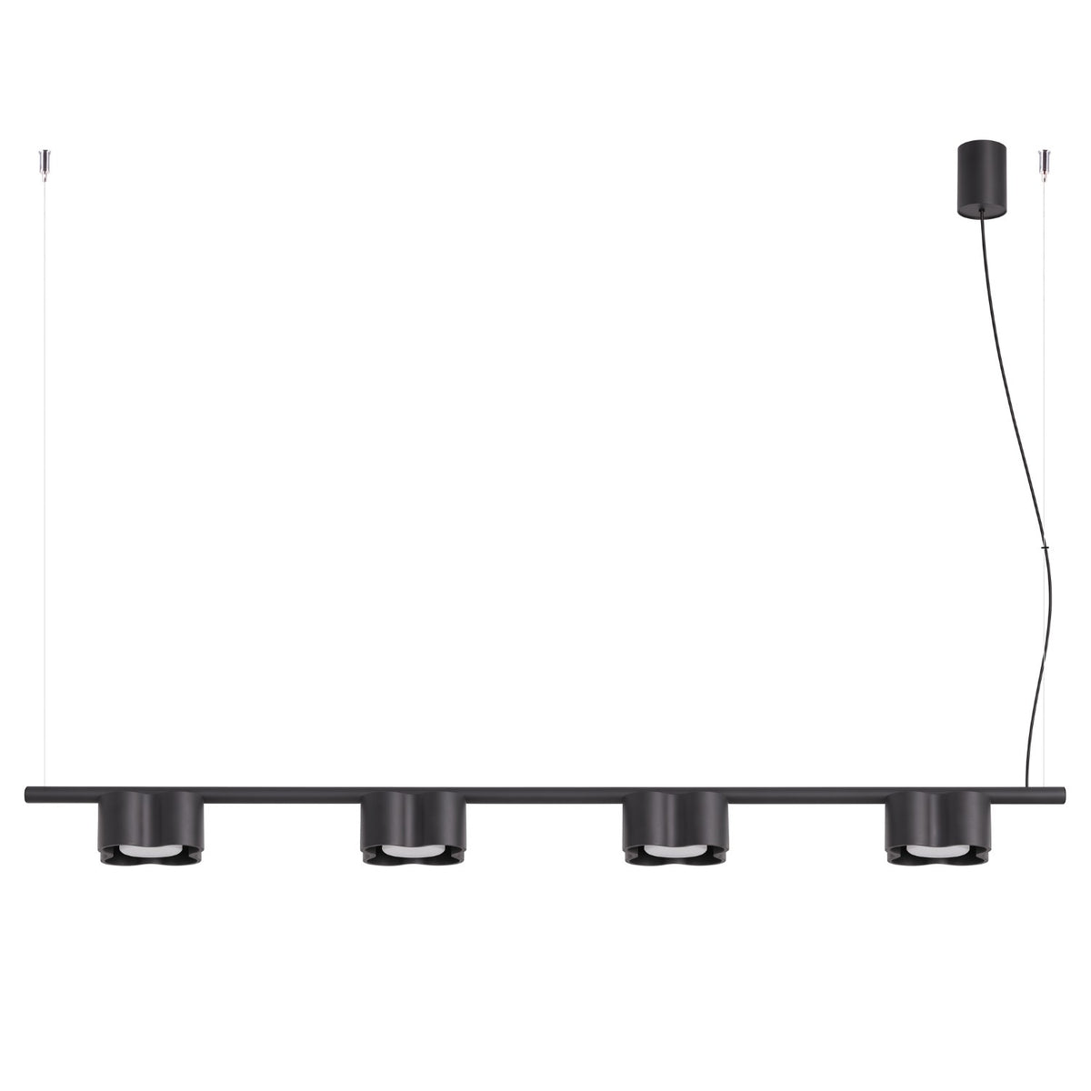 Lustre Ovio 4 laque noire sur fond blanc avec sa barre ses quatre têtes ondulées et sa rosace