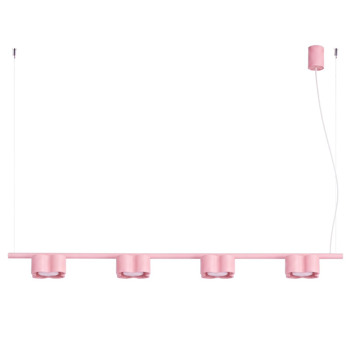 Lustre Ovio 4 laque rose sur fond blanc avec sa barre ses quatre têtes ondulées et sa rosace