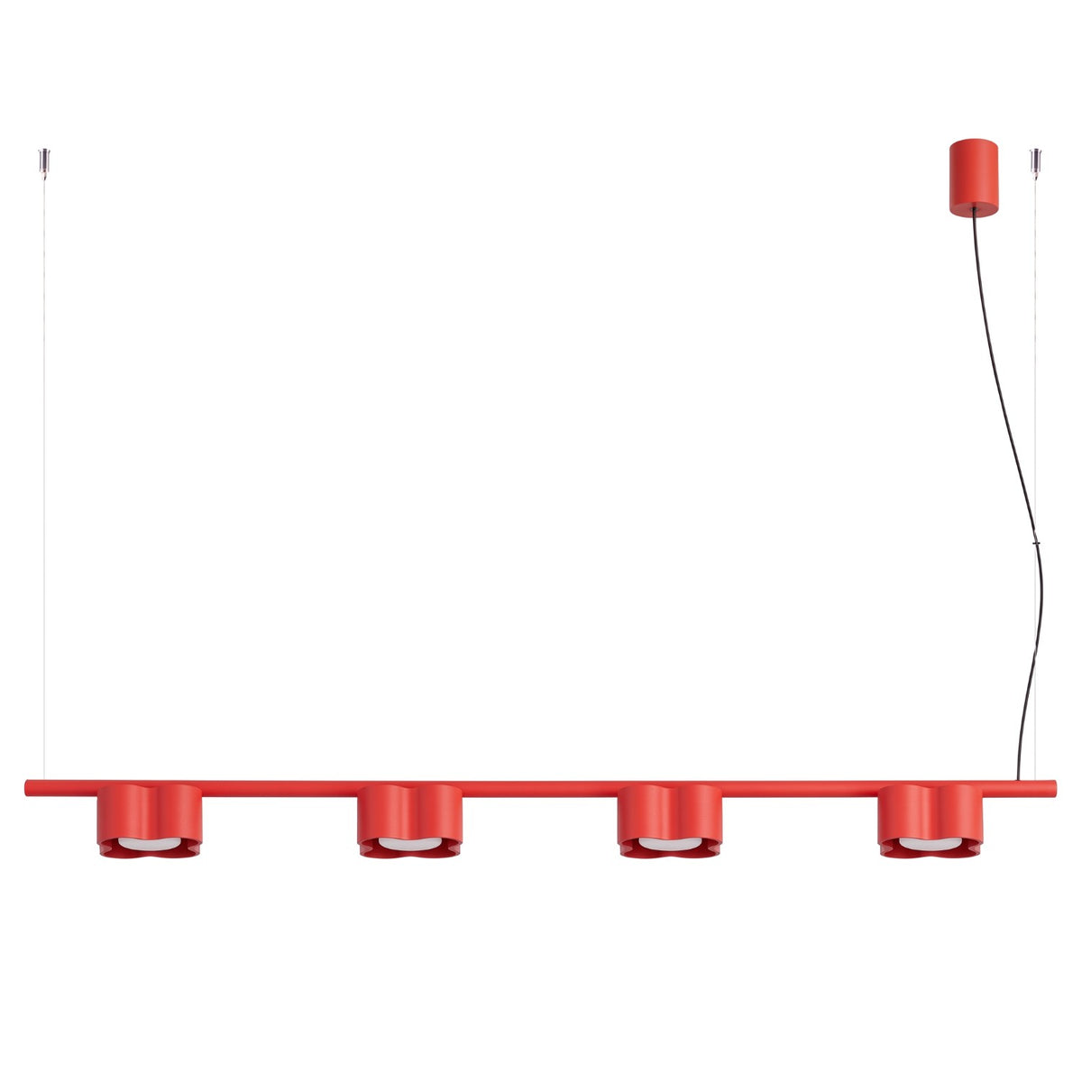 Lustre Ovio 4 laque rouge sur fond blanc avec sa barre ses quatre têtes ondulées et sa rosace