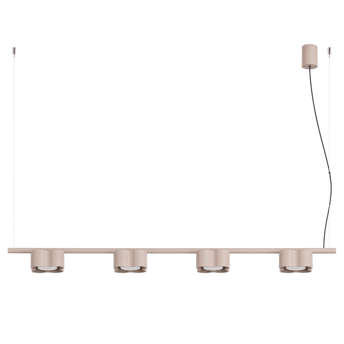 Lustre Ovio 4 laque taupe sur fond blanc avec sa barre ses quatre têtes ondulées et sa rosace