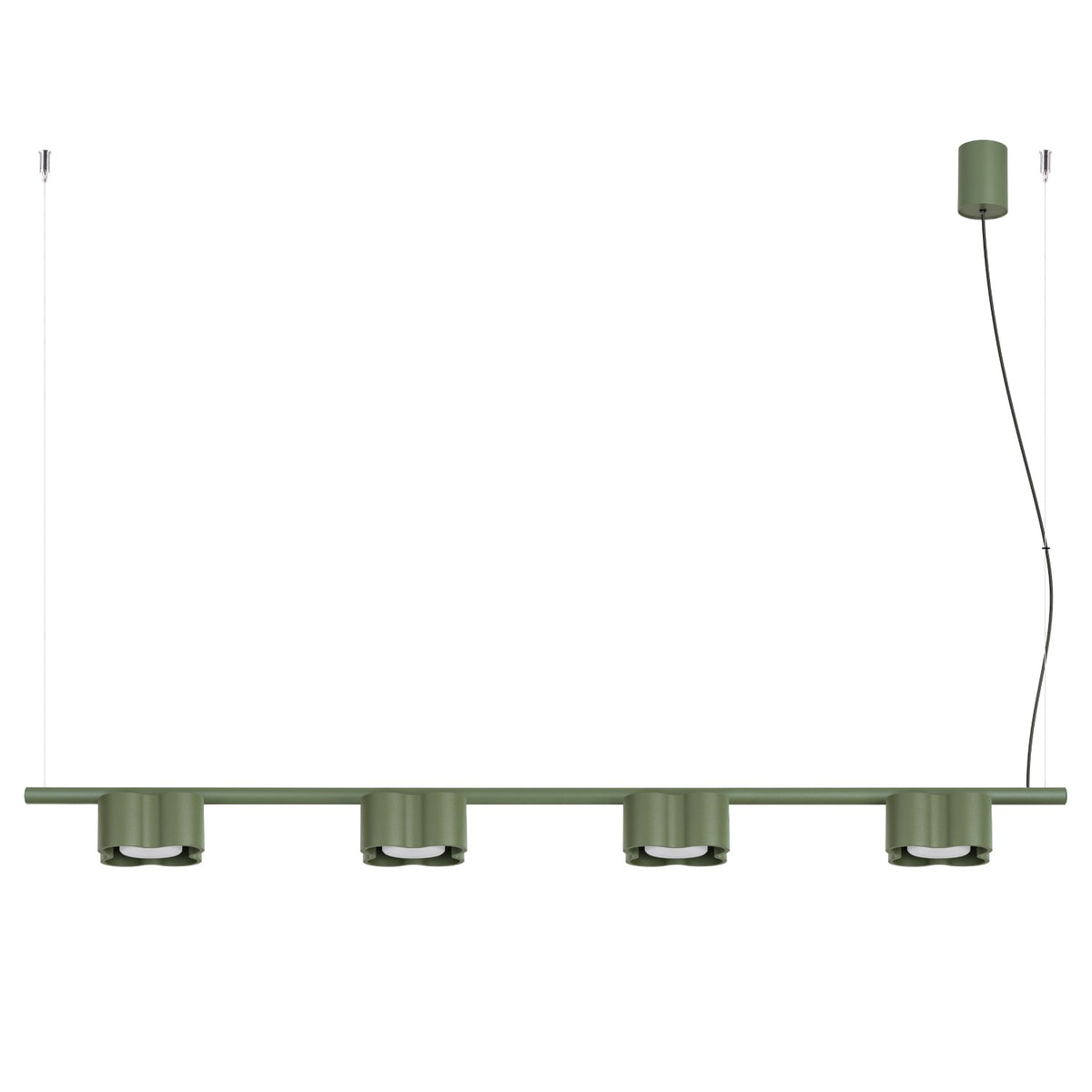 Lustre Ovio 4 laque vert olive sur fond blanc avec sa barre ses quatre têtes ondulées et sa rosace