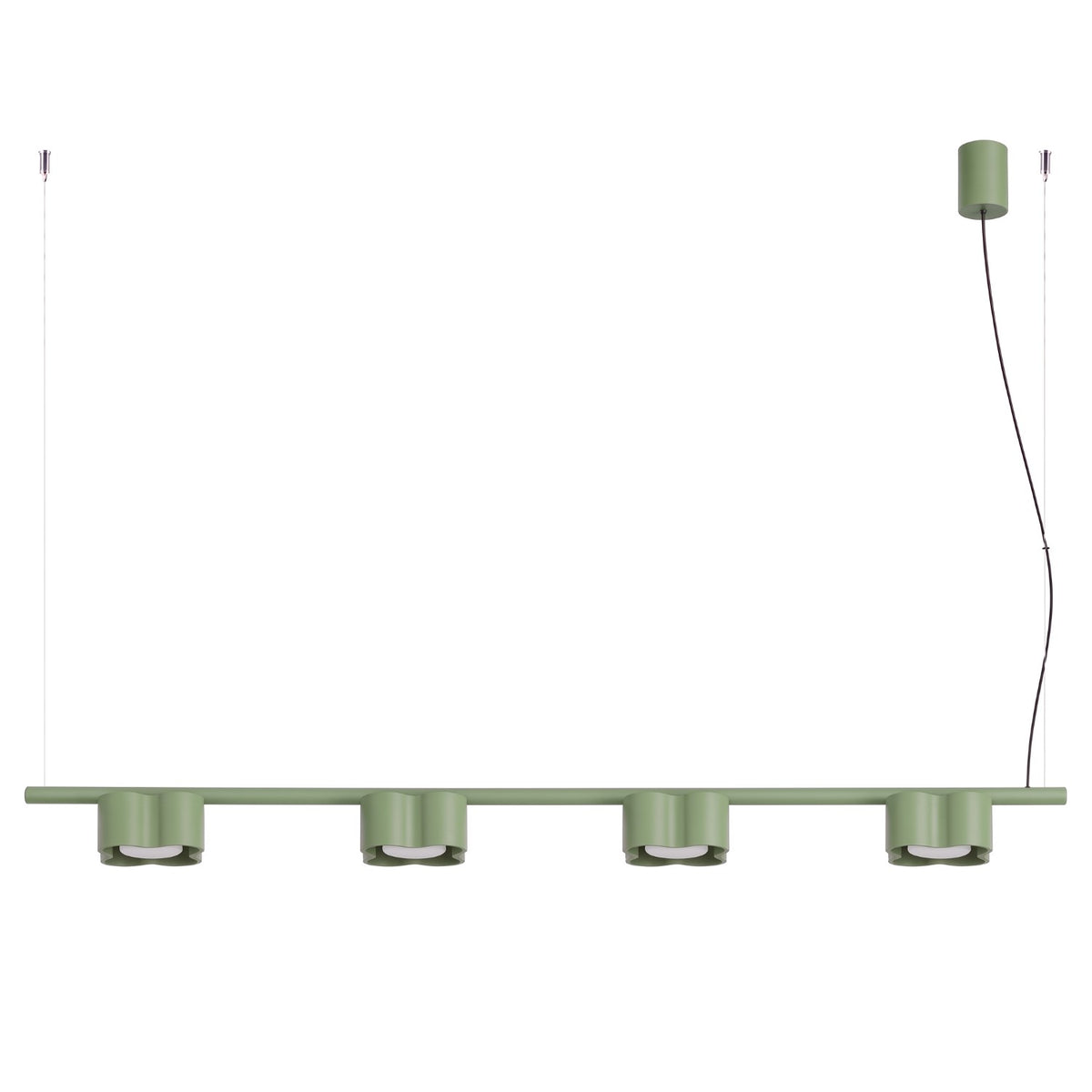 Lustre Ovio 4 laque vert sauge sur fond blanc avec sa barre ses quatre têtes ondulées et sa rosace