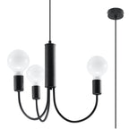 Lustre Piccolo à trois bras en acier noir vu de face avec sa rosace et son câble