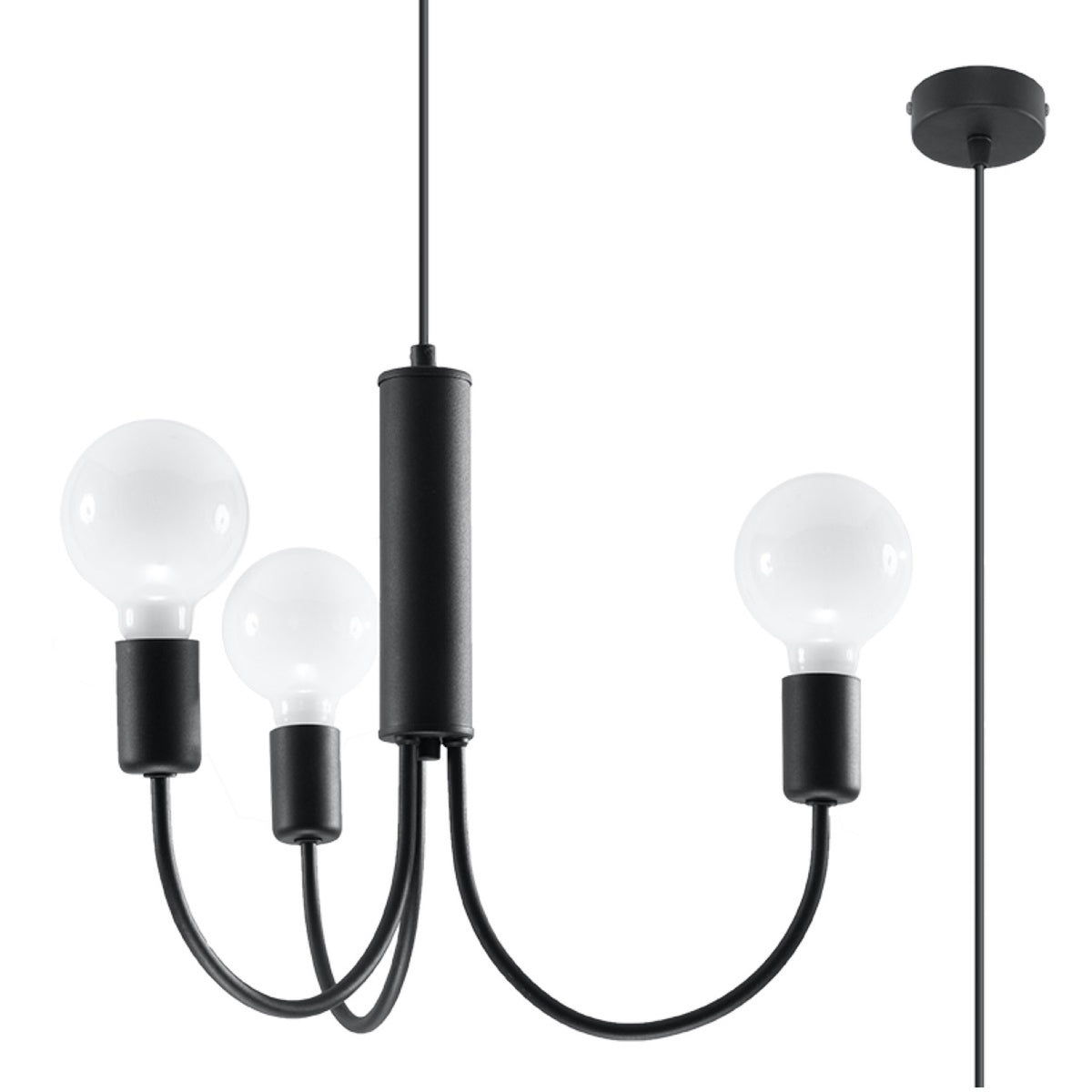 Lustre Piccolo à trois bras en acier noir vu de face avec sa rosace et son câble
