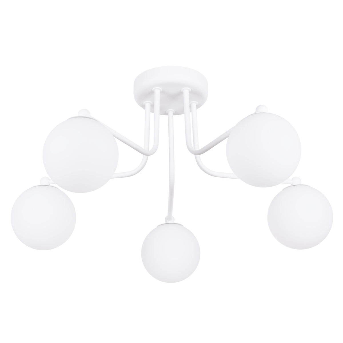 Lustre plafonnier Astral 5 Métal blanc cinq boules de verre opale sur des bras d'acier coudés