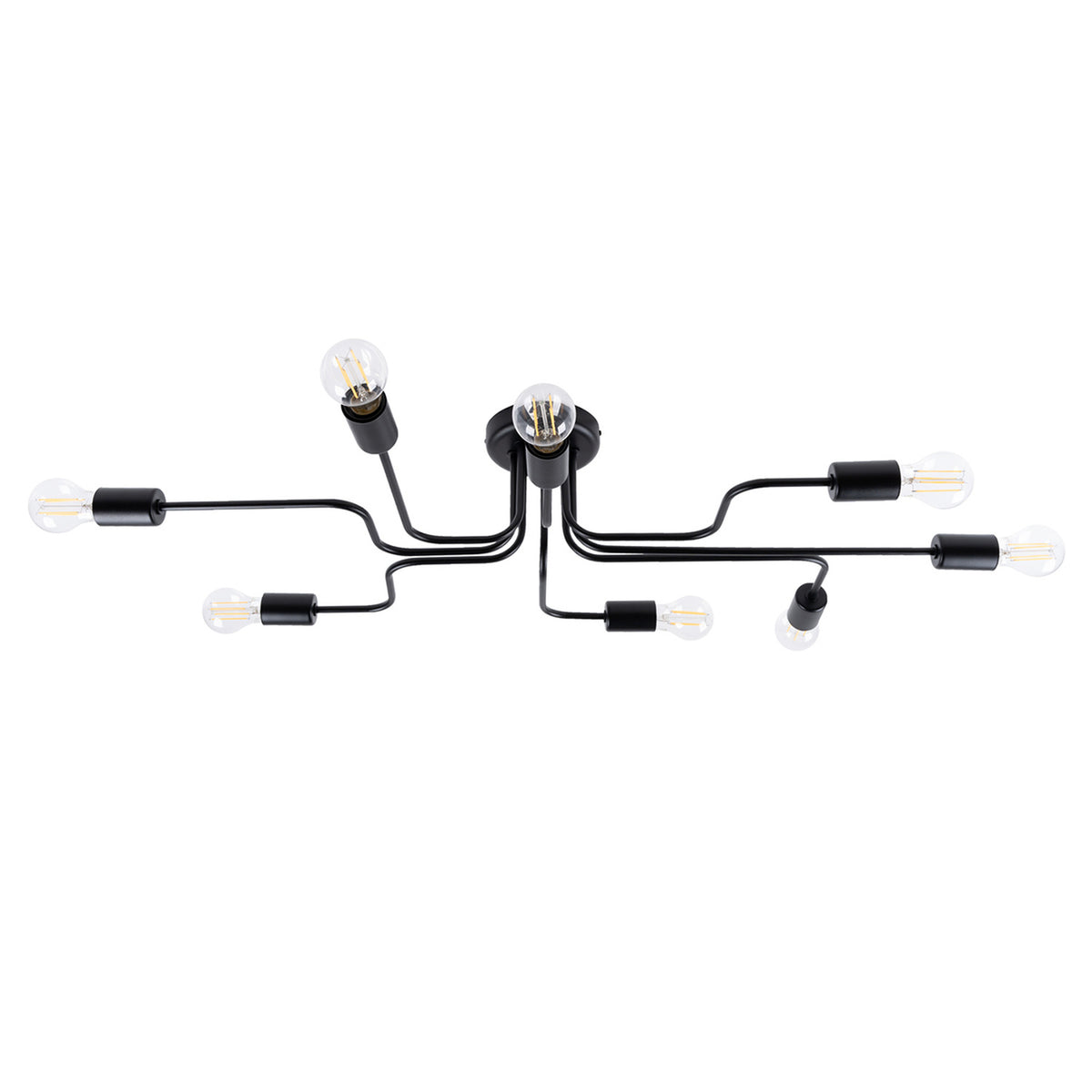 Lustre plafonnier Vector 8 Métal noir huit bras d'acier coudés autour d'une rosace ronde et ampoules apparentes