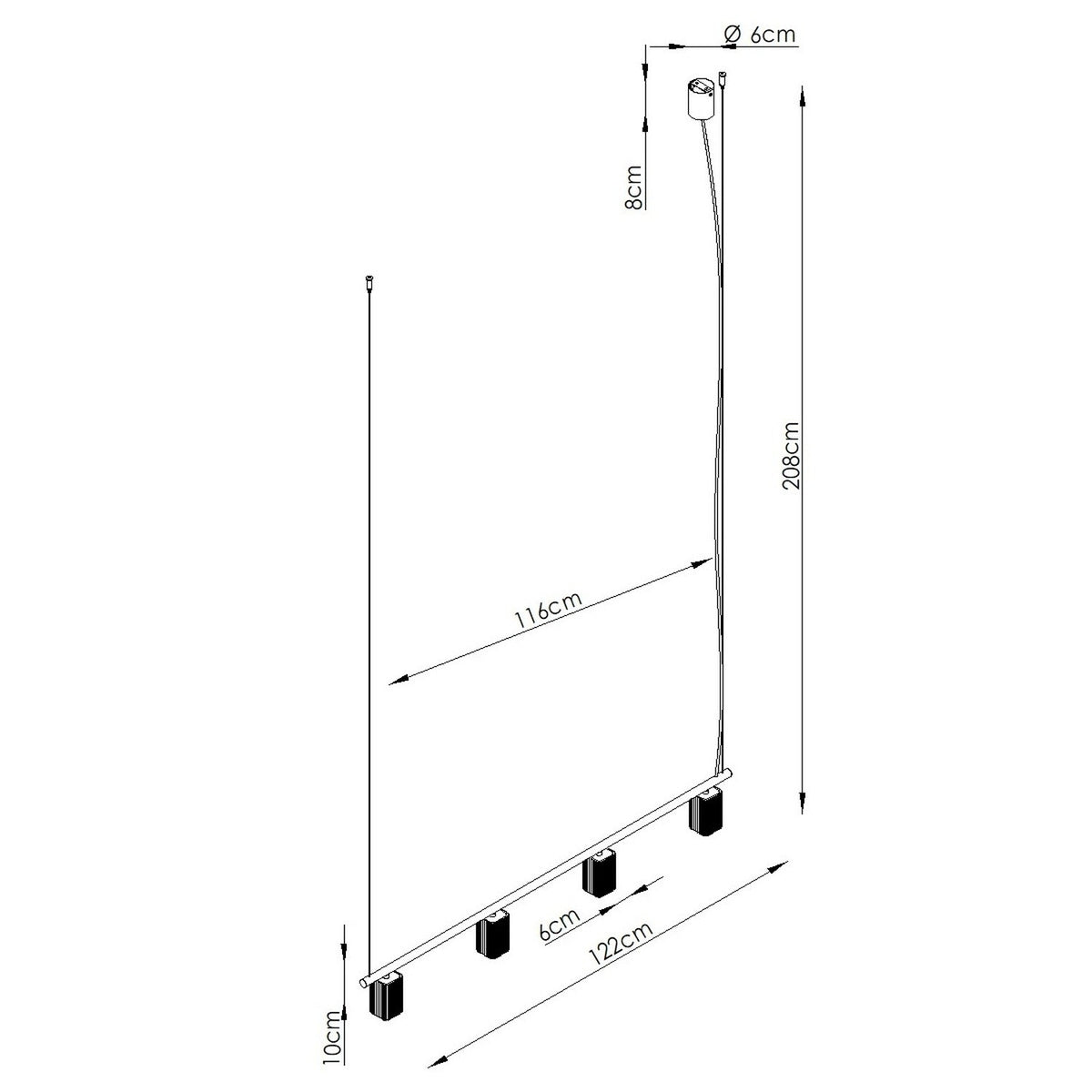 Croquis coté du lustre Rayo 4 avec sa hauteur de 208 cm sa longueur de 122 cm ses spots et sa rosace