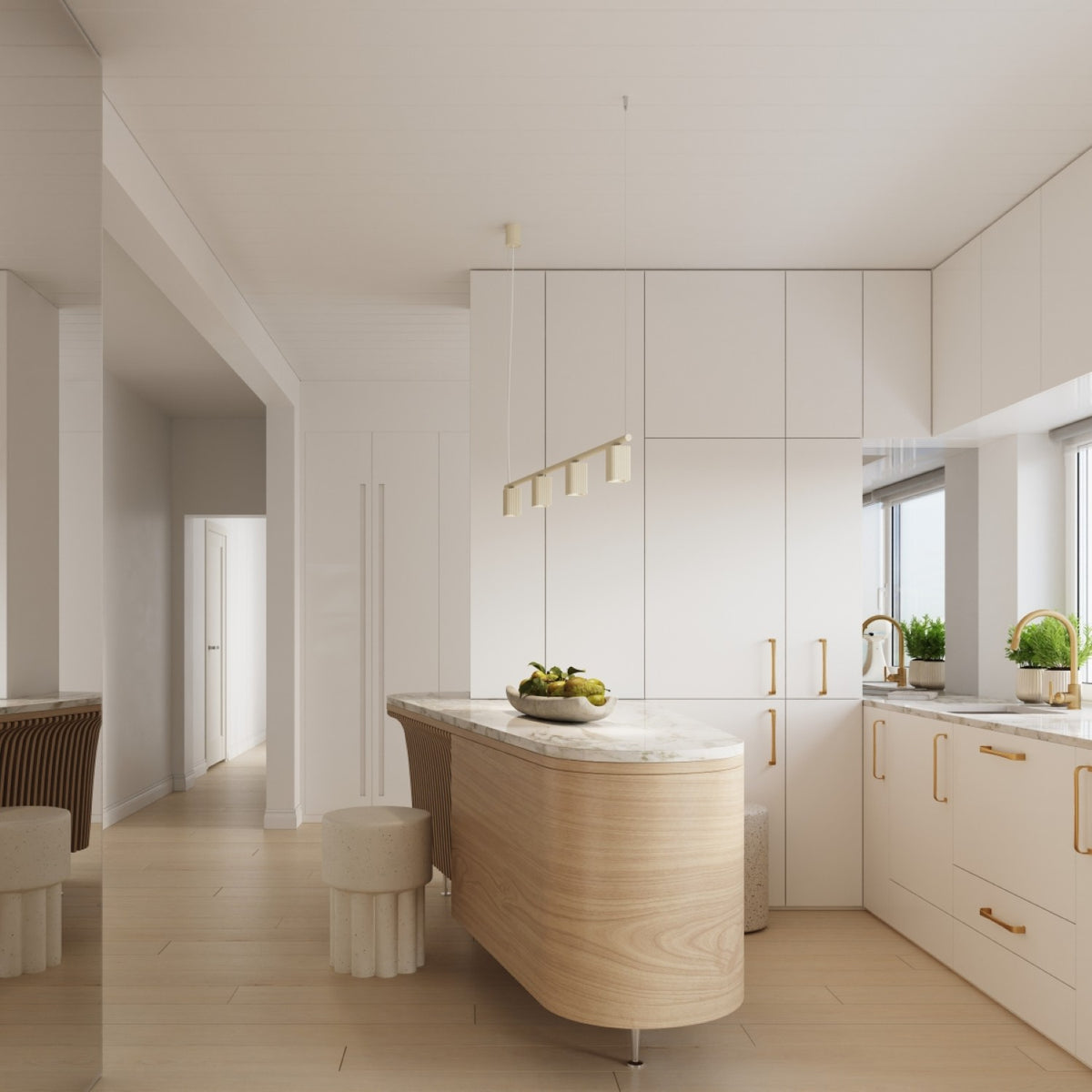 Lustre Rayo 4 laque beige au-dessus d'un îlot de cuisine bordé de tabourets