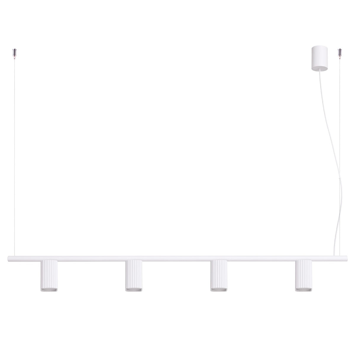 Lustre Rayo 4 laque blanche sur fond blanc avec sa barre ses quatre spots cannelés et sa rosace