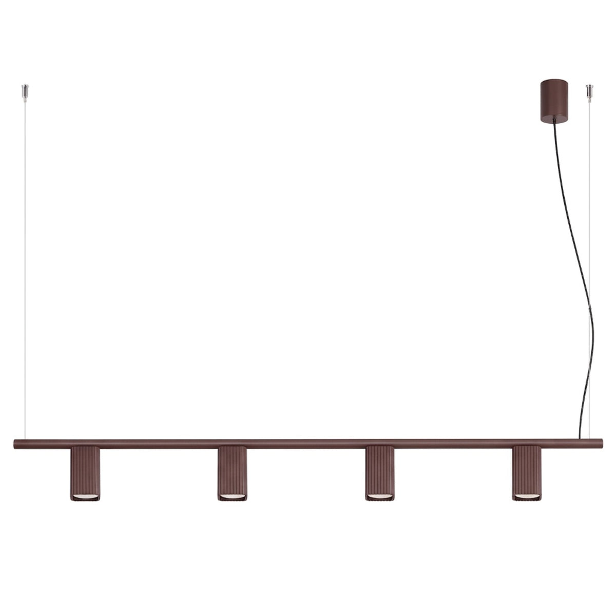 Lustre Rayo 4 laque brune sur fond blanc avec sa barre ses quatre spots cannelés et sa rosace