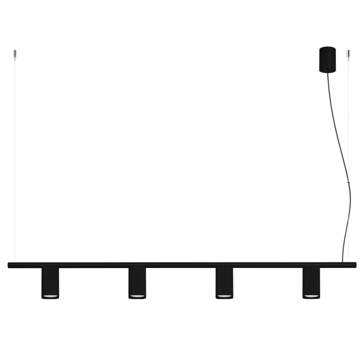 Lustre Rayo 4 laque noire sur fond blanc avec sa barre ses quatre spots cannelés et sa rosace