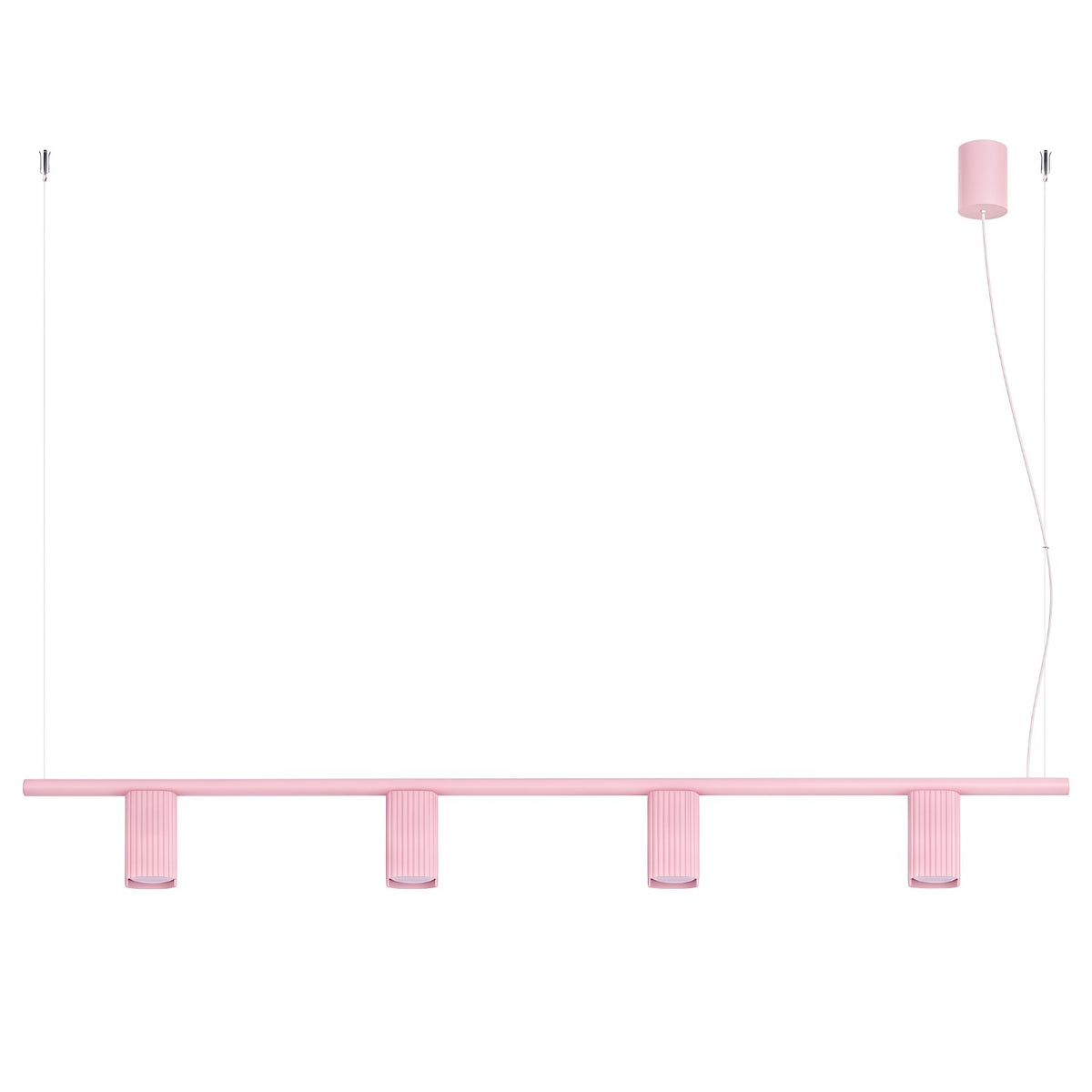 Lustre Rayo 4 laque rose sur fond blanc avec sa barre ses quatre spots cannelés et sa rosace