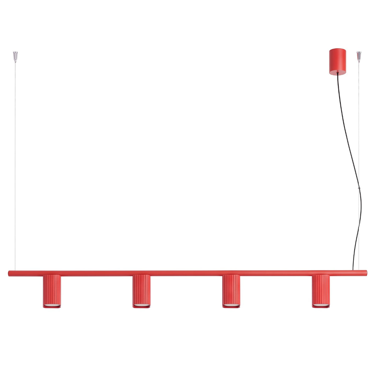 Lustre Rayo 4 laque rouge sur fond blanc avec sa barre ses quatre spots cannelés et sa rosace