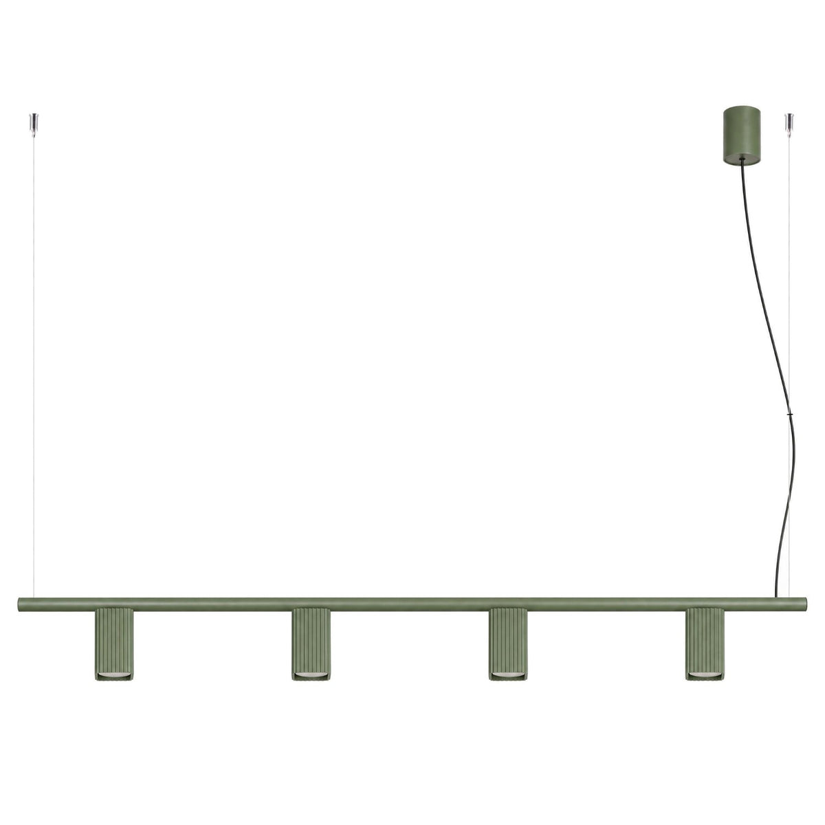 Lustre Rayo 4 laque vert olive sur fond blanc avec sa barre ses quatre spots cannelés et sa rosace