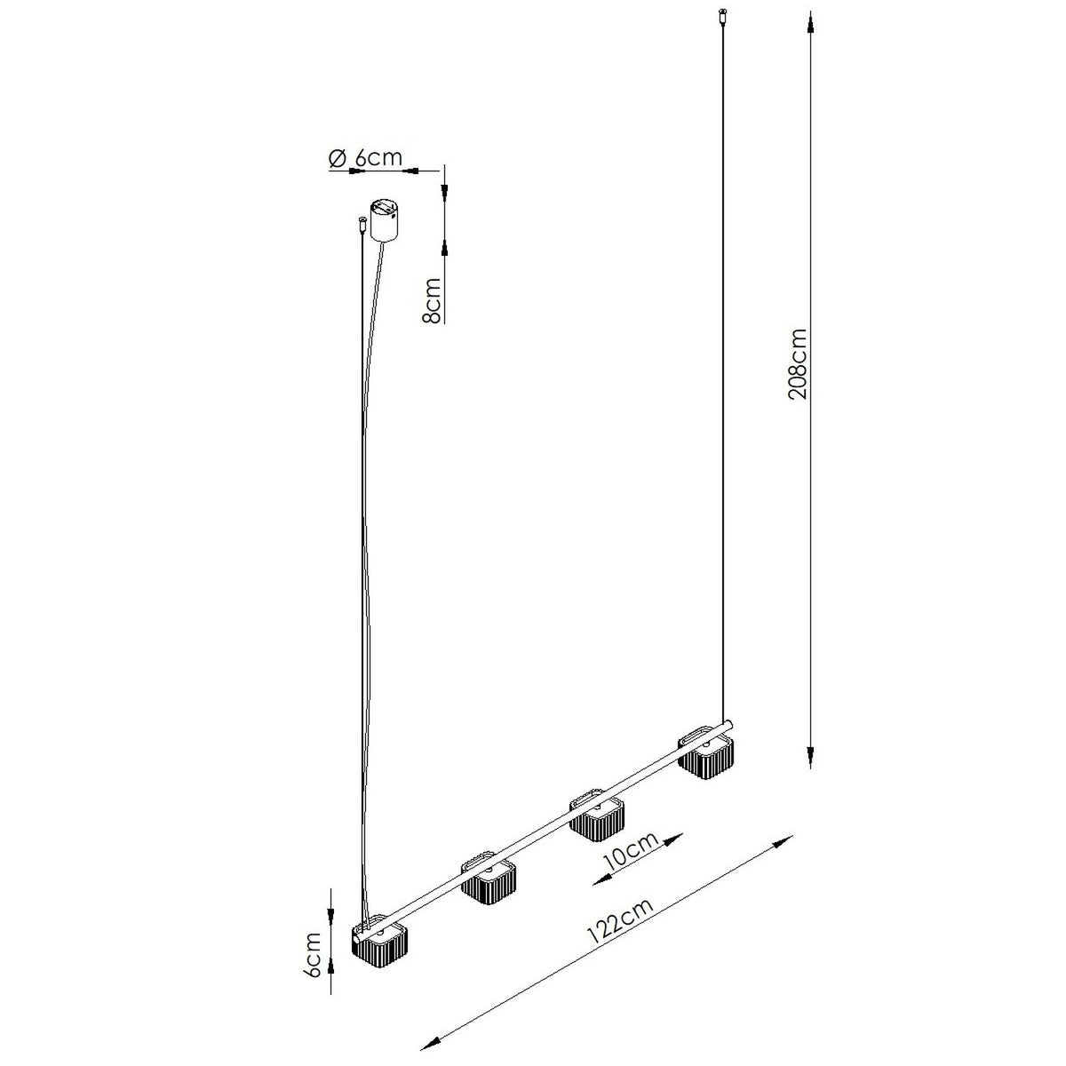 Croquis coté du lustre Riff 4 avec sa hauteur de 208 cm sa longueur de 122 cm ses têtes et sa rosace