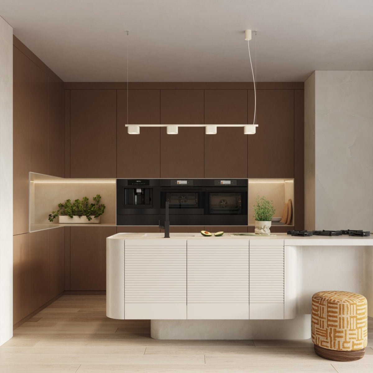 Lustre Riff 4 laque beige au-dessus d'un îlot de cuisine
