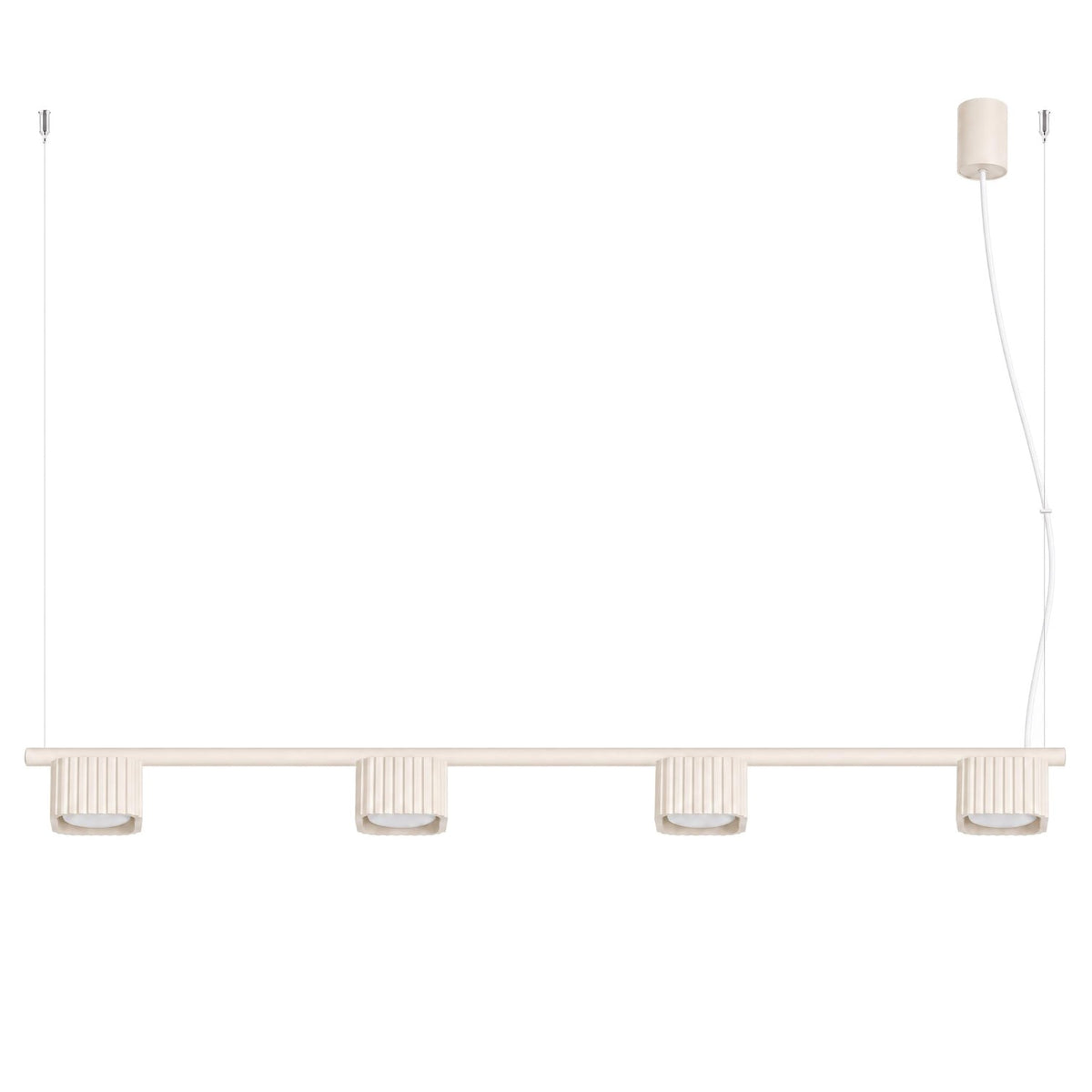Lustre Riff 4 laque beige sur fond blanc avec sa barre ses quatre têtes nervurées et sa rosace