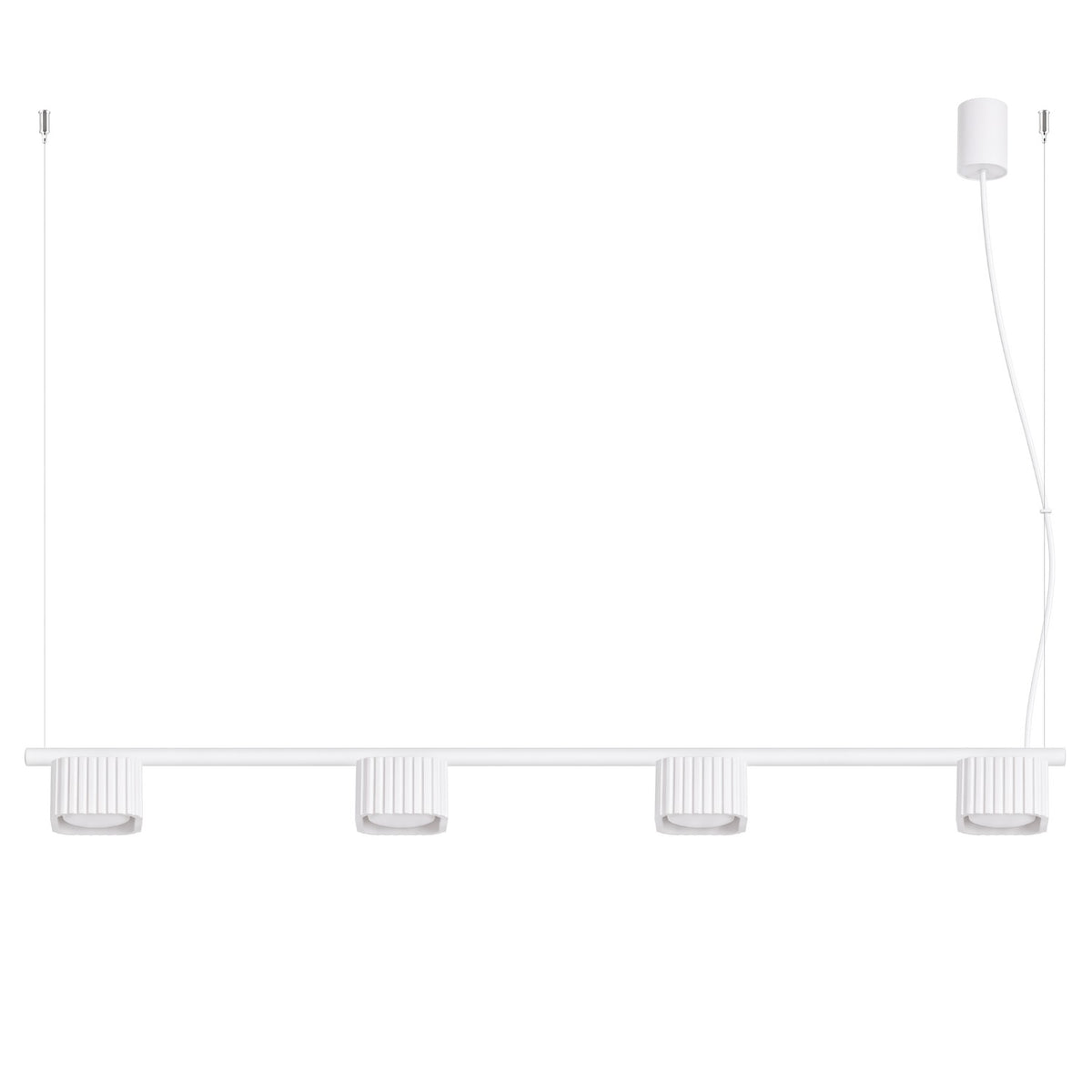 Lustre Riff 4 laque blanche sur fond blanc avec sa barre ses quatre têtes nervurées et sa rosace