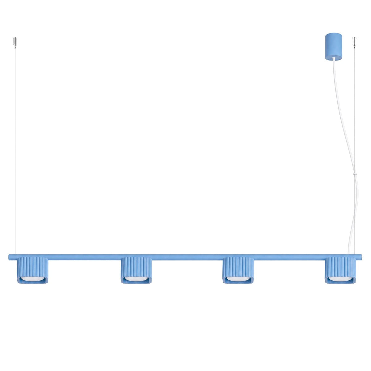 Lustre Riff 4 laque bleu ciel sur fond blanc avec sa barre ses quatre têtes nervurées et sa rosace