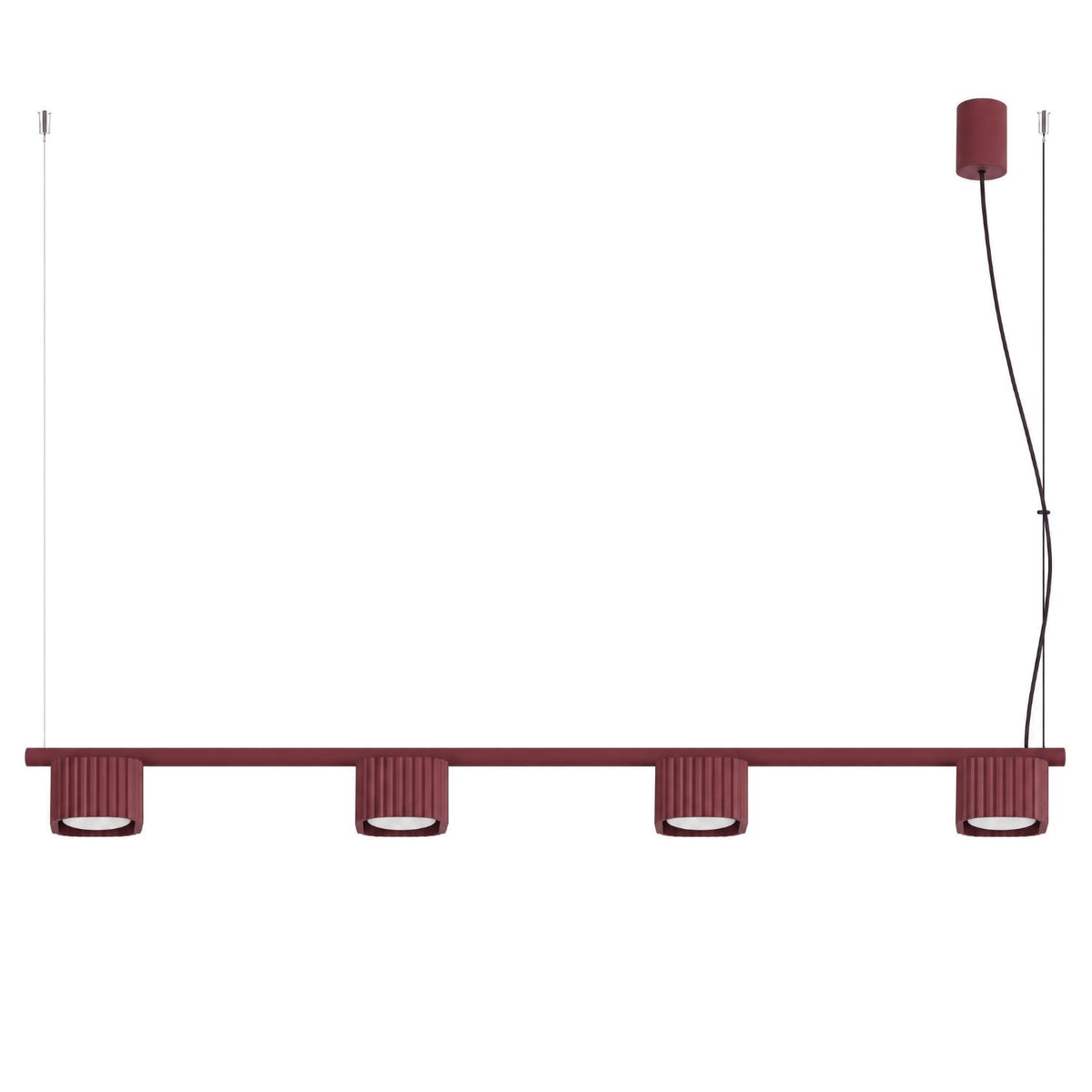 Lustre Riff 4 laque bordeaux sur fond blanc avec sa barre ses quatre têtes nervurées et sa rosace