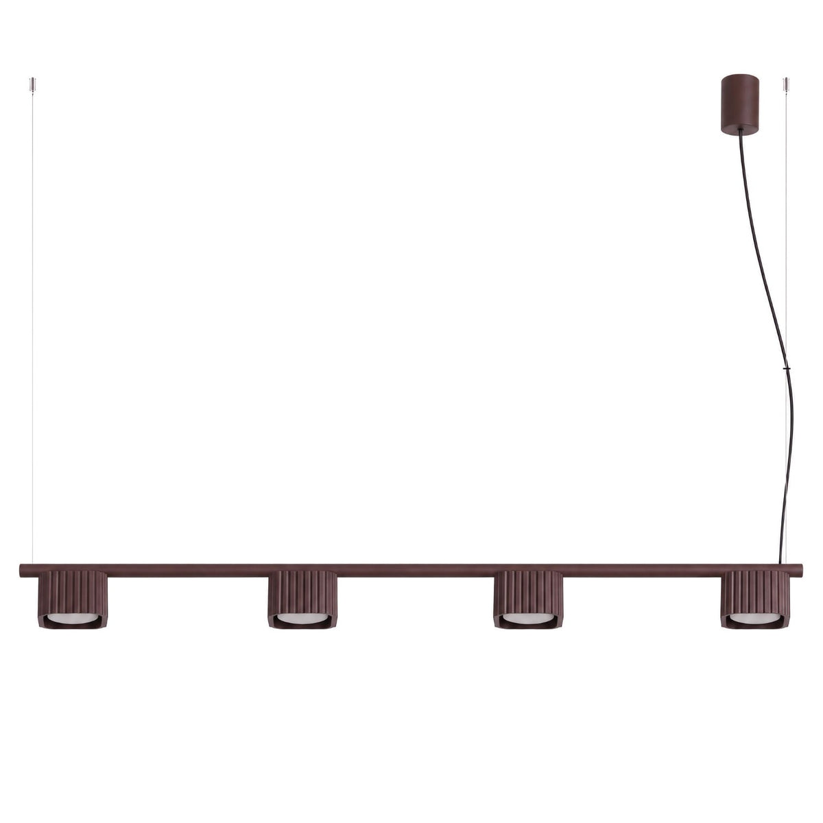 Lustre Riff 4 laque brune sur fond blanc avec sa barre ses quatre têtes nervurées et sa rosace