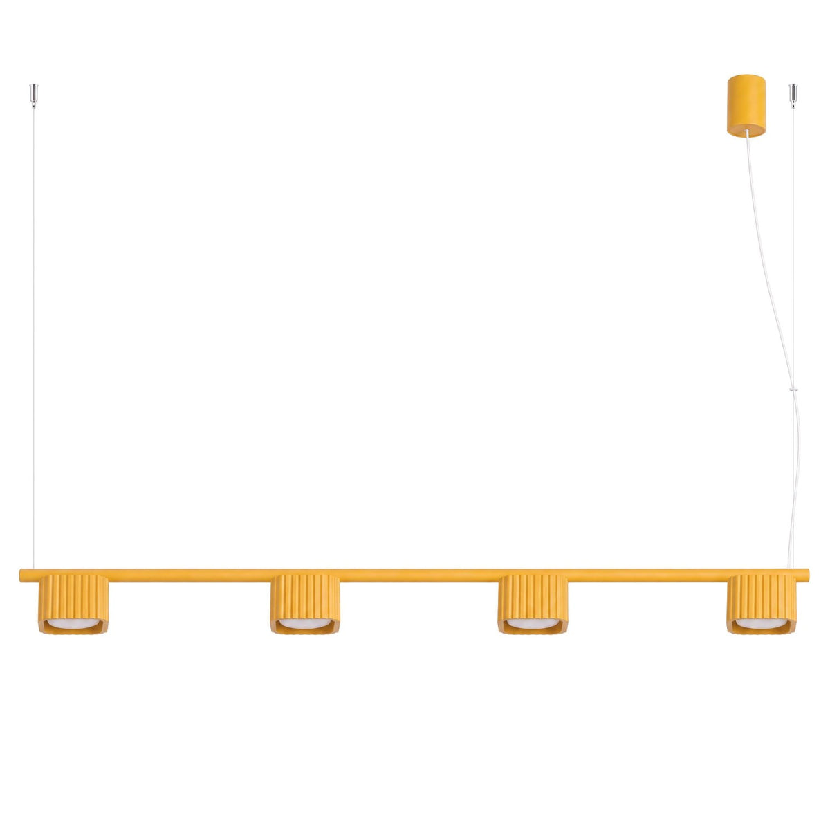 Lustre Riff 4 laque jaune sur fond blanc avec sa barre ses quatre têtes nervurées et sa rosace