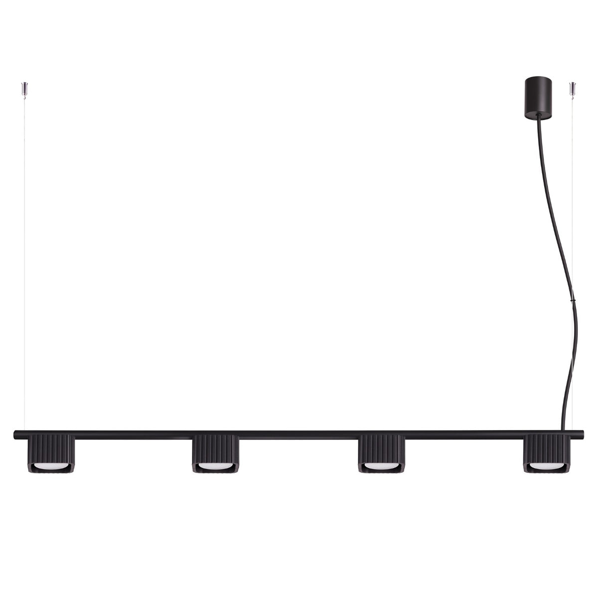 Lustre Riff 4 laque noire sur fond blanc avec sa barre ses quatre têtes nervurées et sa rosace