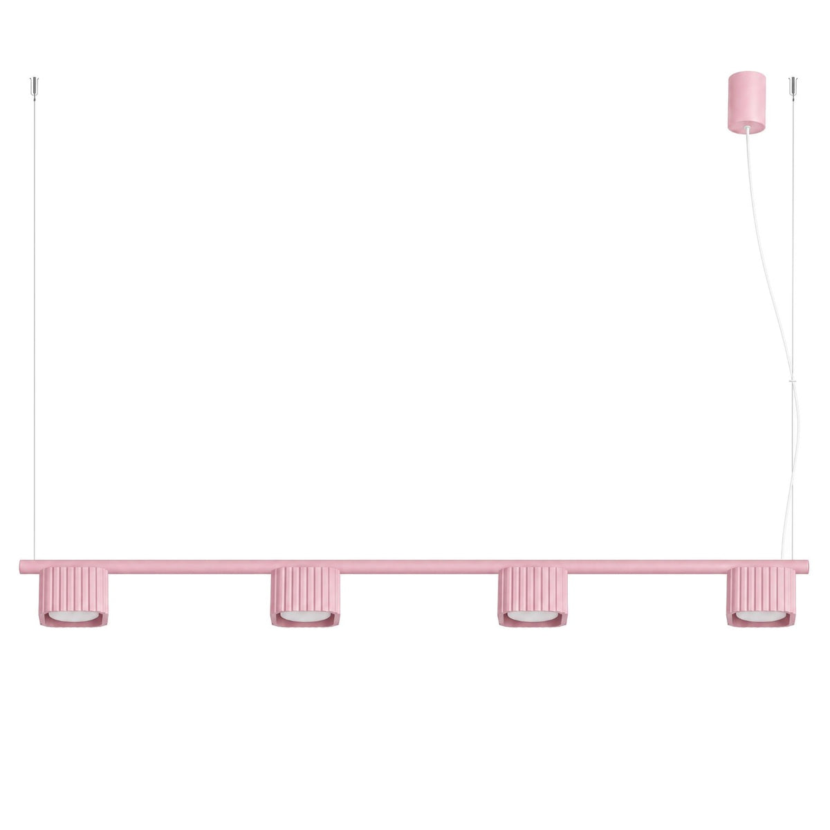 Lustre Riff 4 laque rose sur fond blanc avec sa barre ses quatre têtes nervurées et sa rosace
