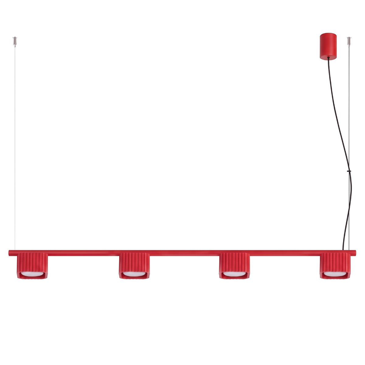 Lustre Riff 4 laque rouge sur fond blanc avec sa barre ses quatre têtes nervurées et sa rosace
