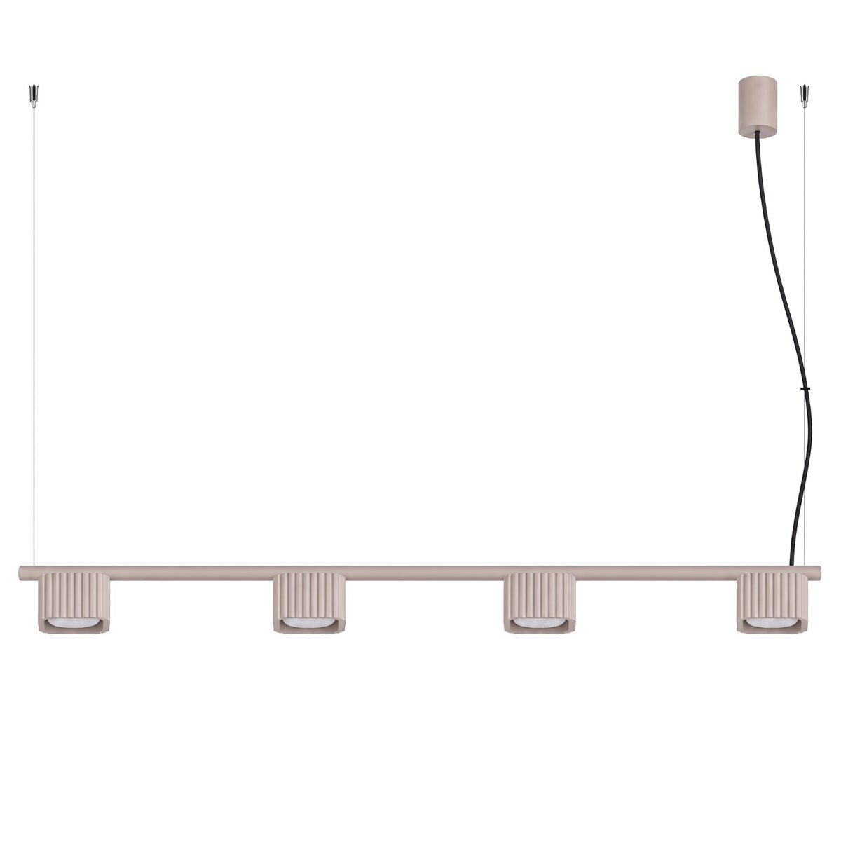 Lustre Riff 4 laque taupe sur fond blanc avec sa barre ses quatre têtes nervurées et sa rosace