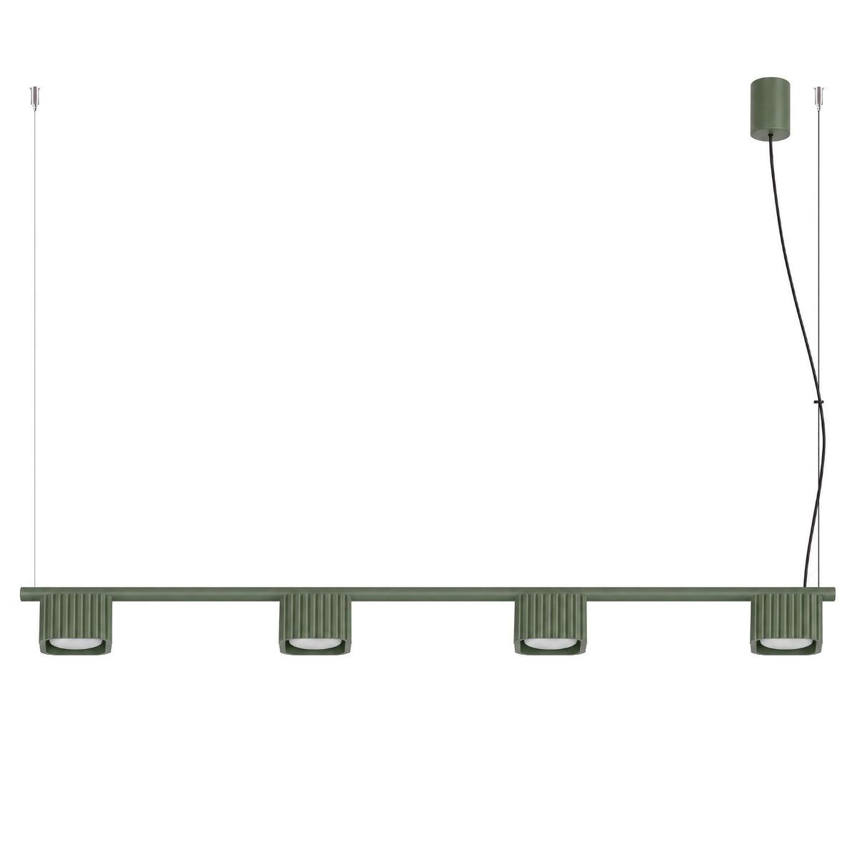 Lustre Riff 4 laque vert olive sur fond blanc avec sa barre ses quatre têtes nervurées et sa rosace