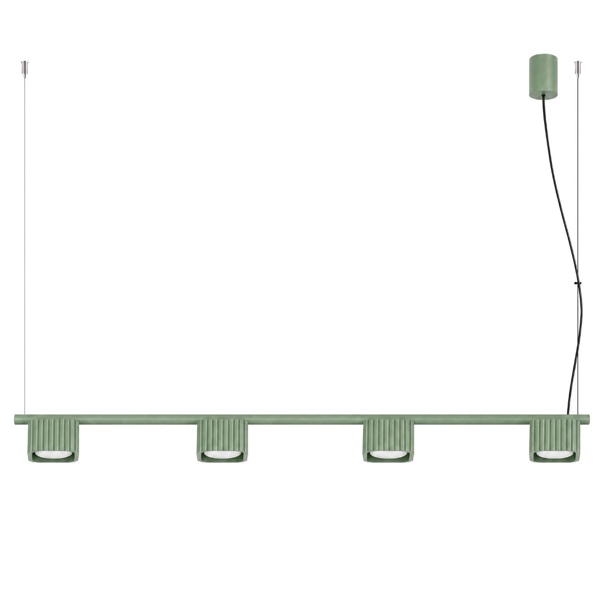 Lustre Riff 4 laque vert sauge sur fond blanc avec sa barre ses quatre têtes nervurées et sa rosace