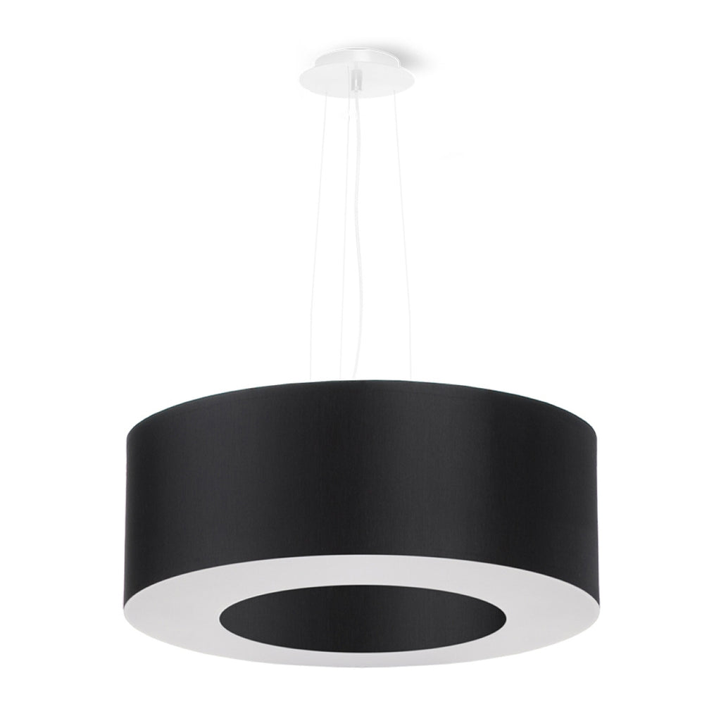 Lustre Saturno 50 en tissu noir, anneau lumineux suspendu, vue de face