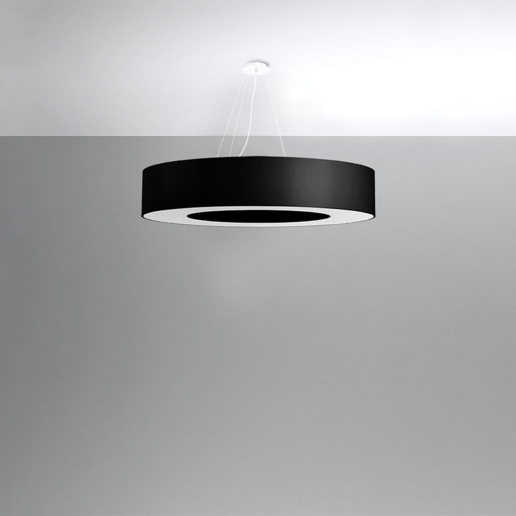 Lustre Saturno 90 en tissu noir, vue du diffuseur blanc et de l'anneau