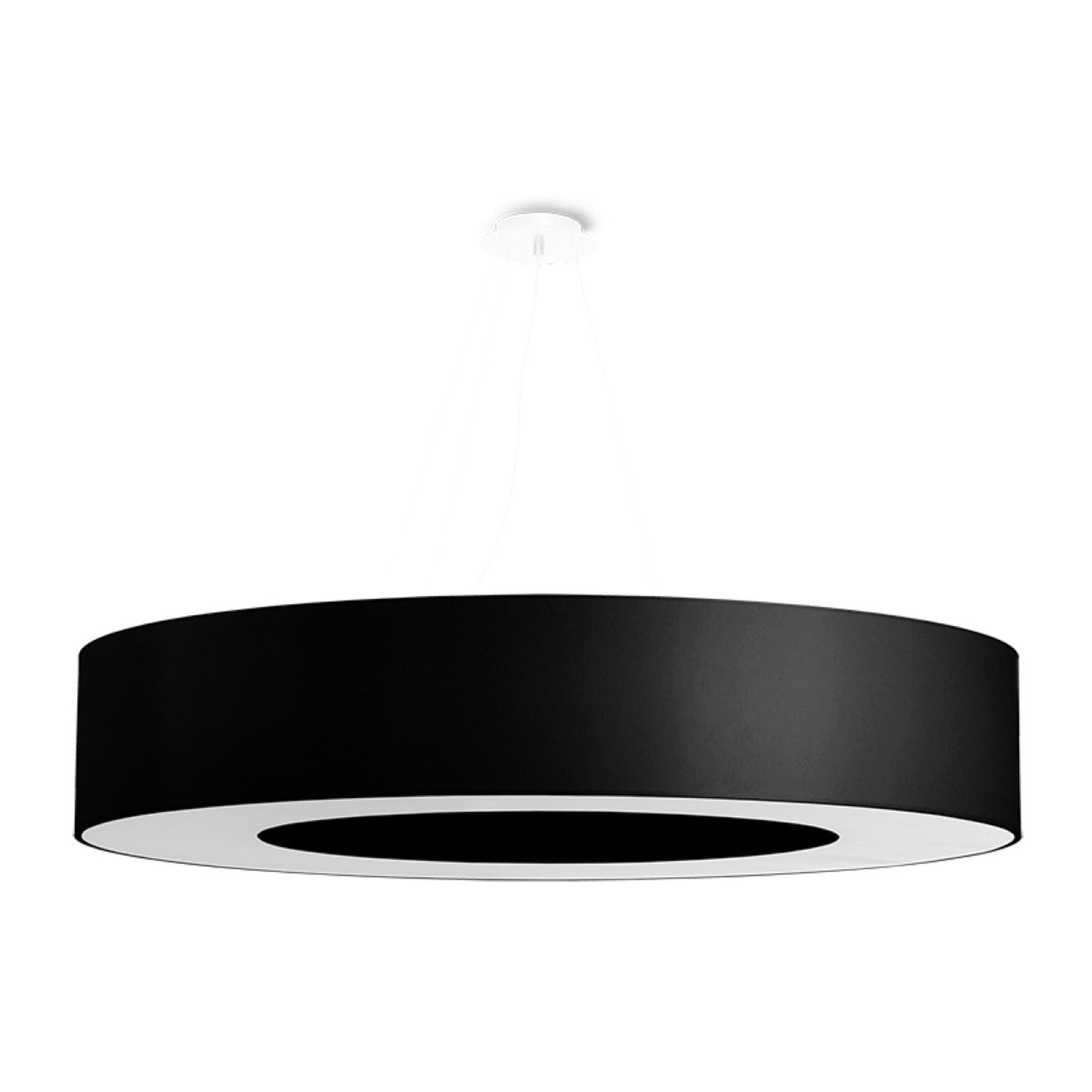Lustre Saturno 90 en tissu noir, grand anneau suspendu, vue de face