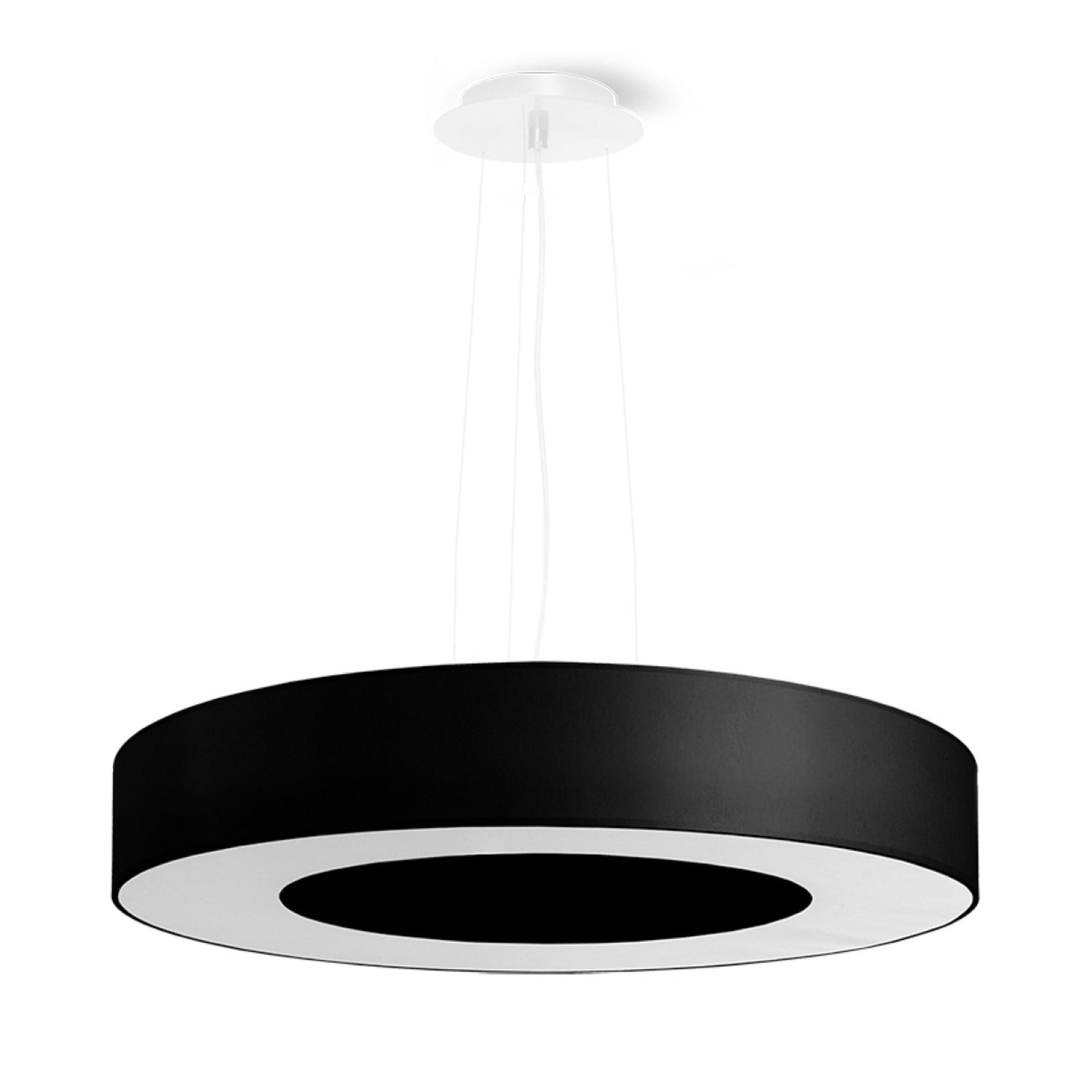Lustre Saturno Slim 50 en tissu noir, anneau lumineux suspendu, vue de face