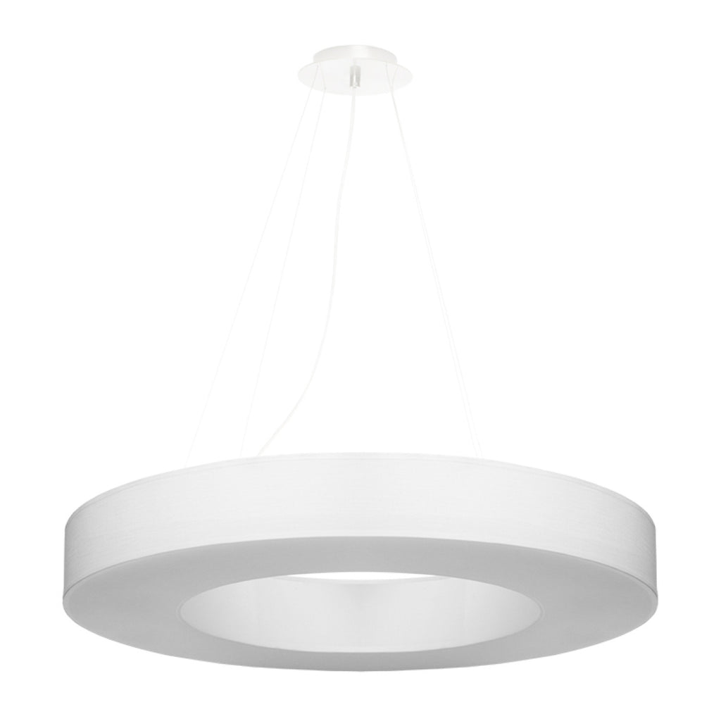 Lustre Saturno Slim 70 en tissu blanc, anneau lumineux suspendu, vue de face