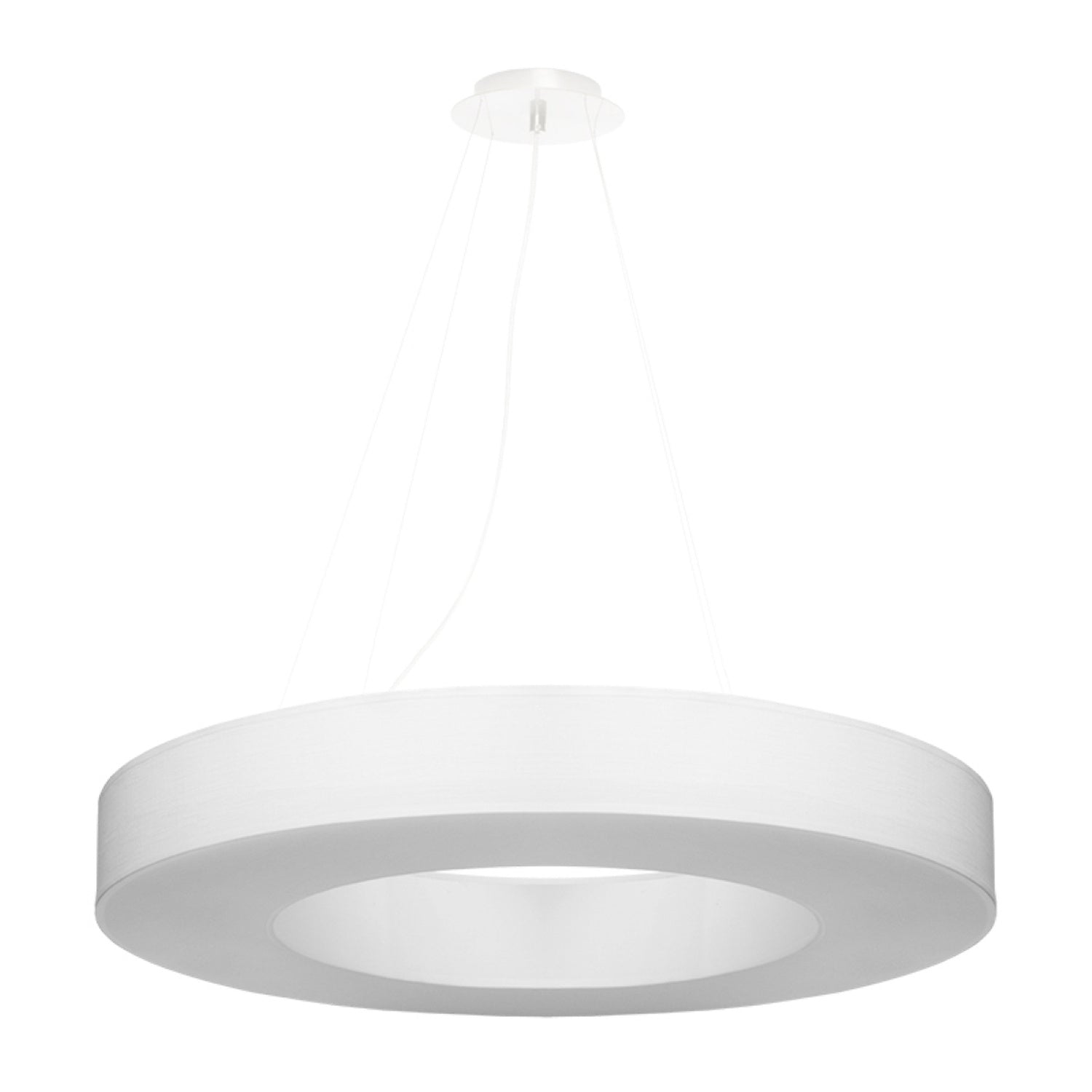 Lustre Saturno Slim 70 en tissu blanc, anneau lumineux suspendu, vue de face
