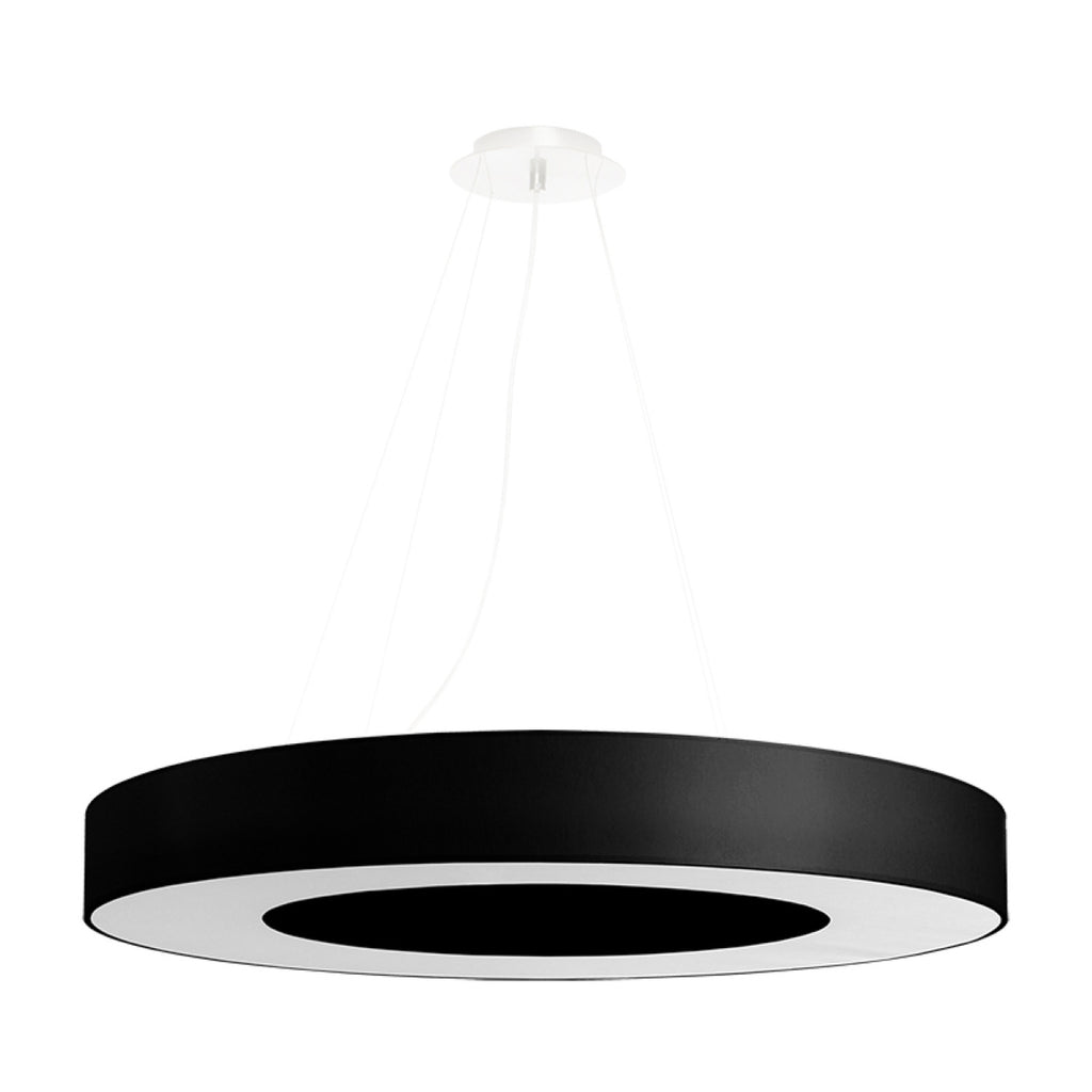 Lustre Saturno Slim 70 en tissu noir, anneau lumineux suspendu, vue de face