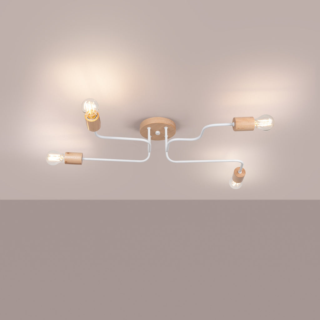 Lustre Timbo 4 bois et métal blanc E27 allumé