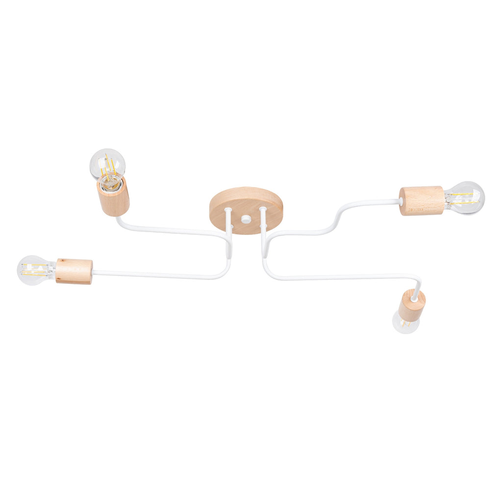 Lustre Timbo 4 bois et métal blanc E27, rosace bois et bras d'acier coudés