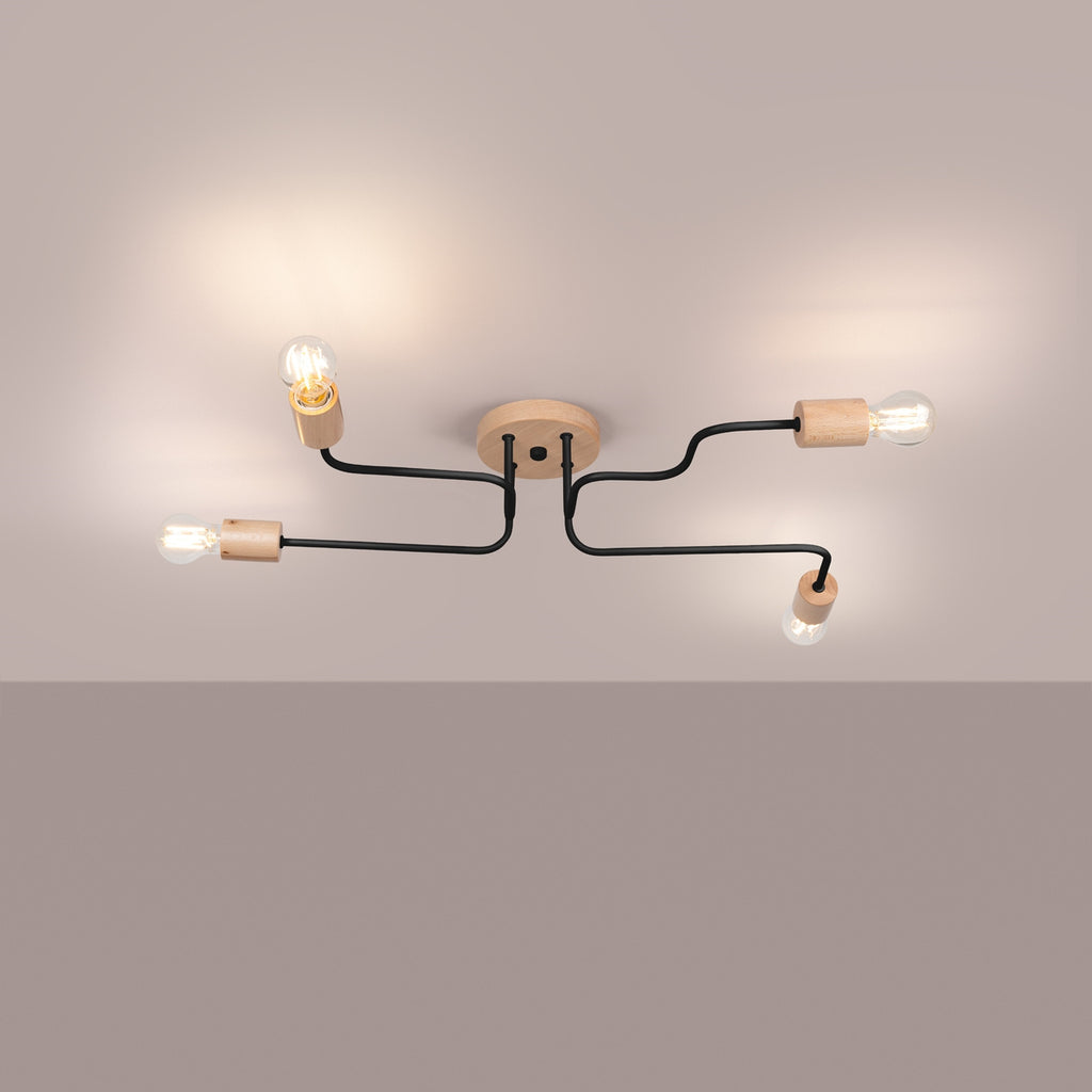 Lustre Timbo 4 bois et métal noir E27 allumé