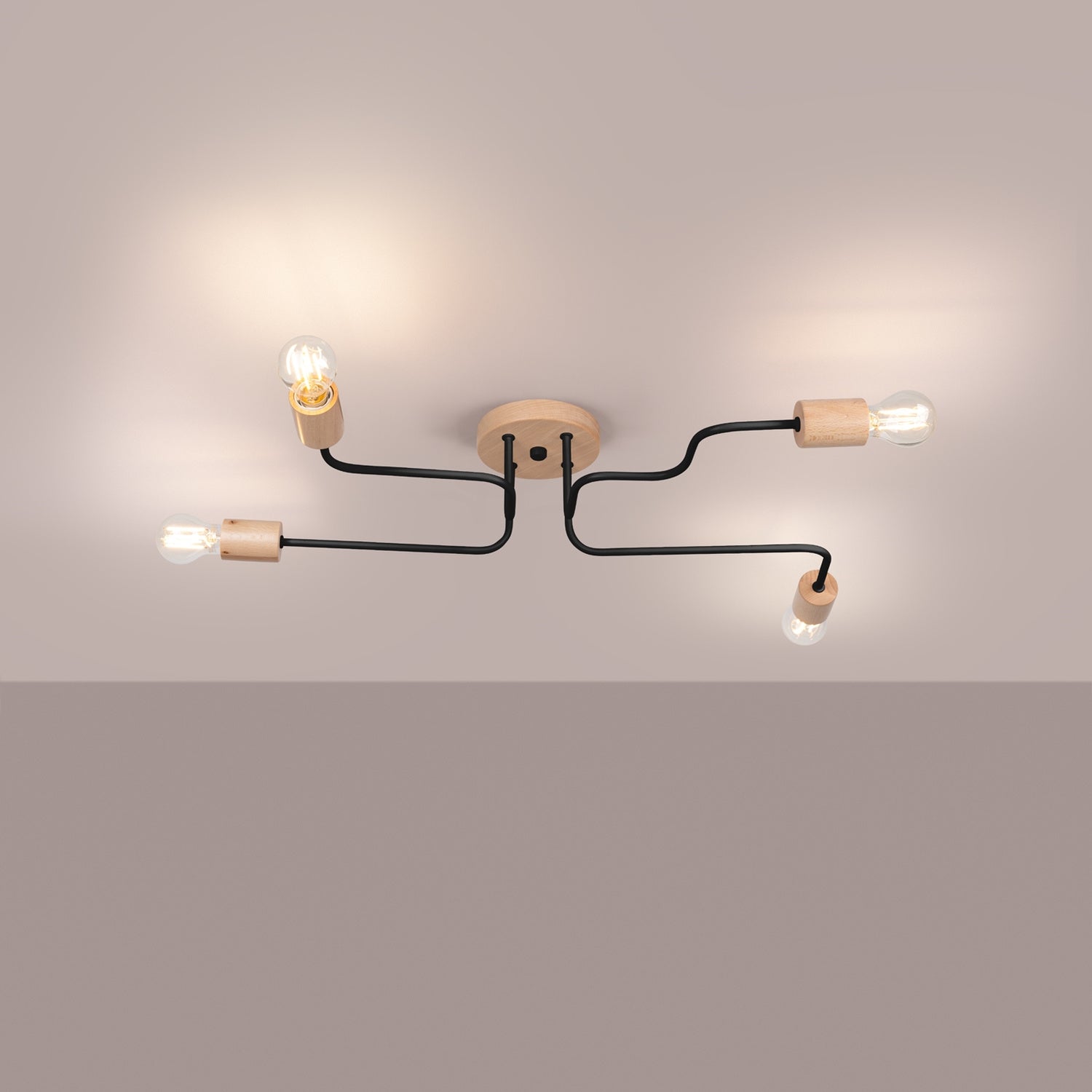 Lustre Timbo 4 bois et métal noir E27 allumé