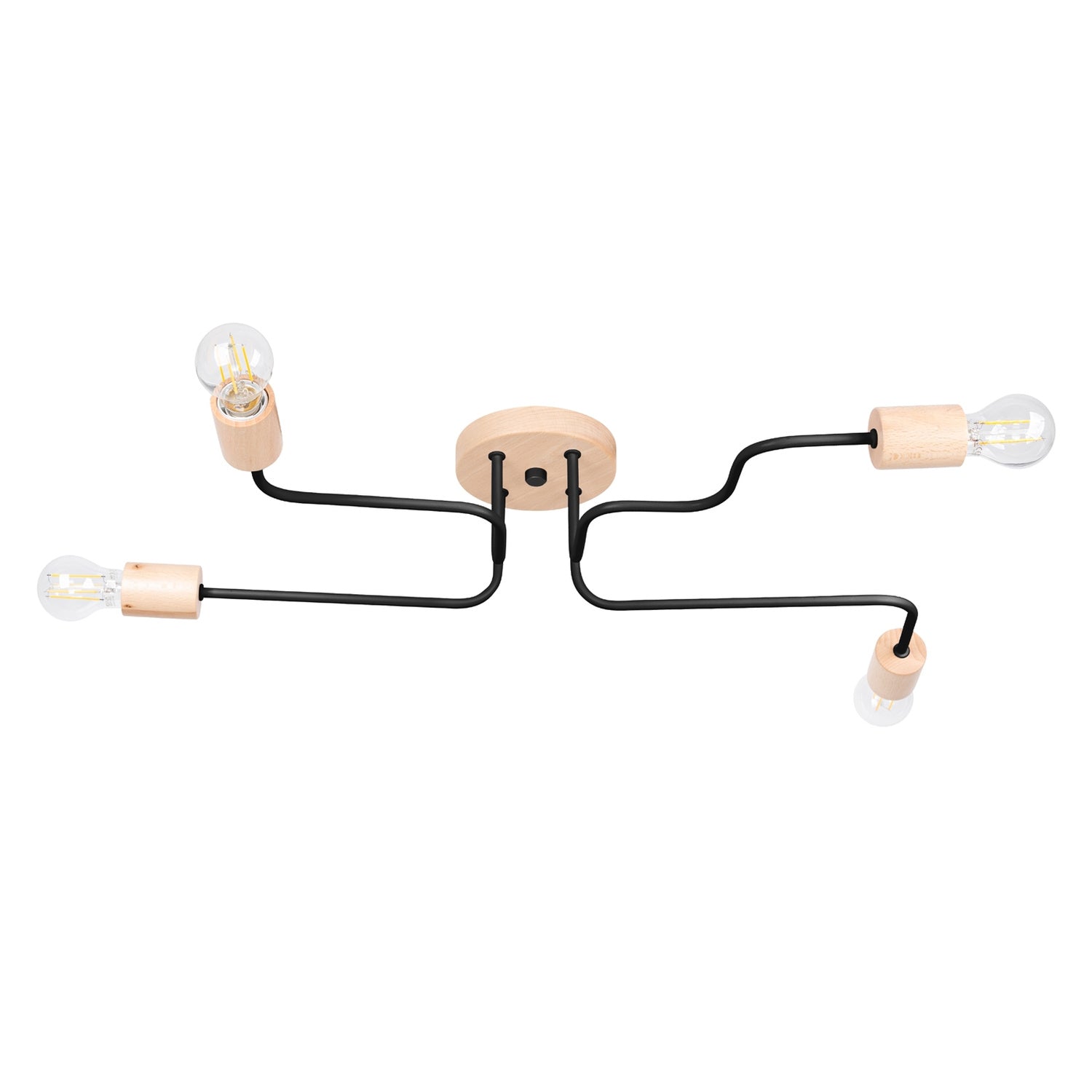 Lustre Timbo 4 bois et métal noir E27, rosace bois et bras d'acier coudés