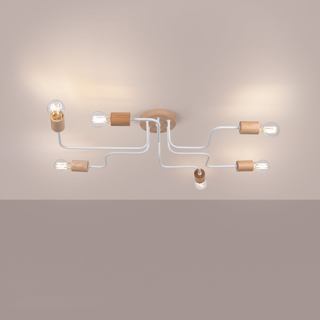 Lustre Timbo 6 bois et métal blanc E27 allumé