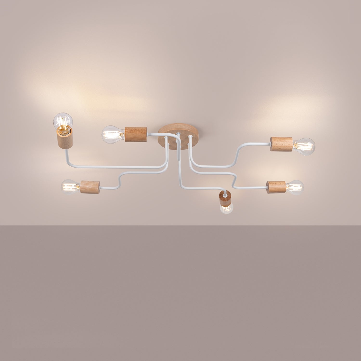 Lustre Timbo 6 bois et métal blanc E27 allumé