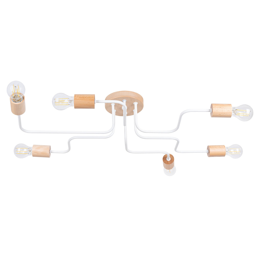 Lustre Timbo 6 bois et métal blanc E27, rosace bois et bras d'acier coudés