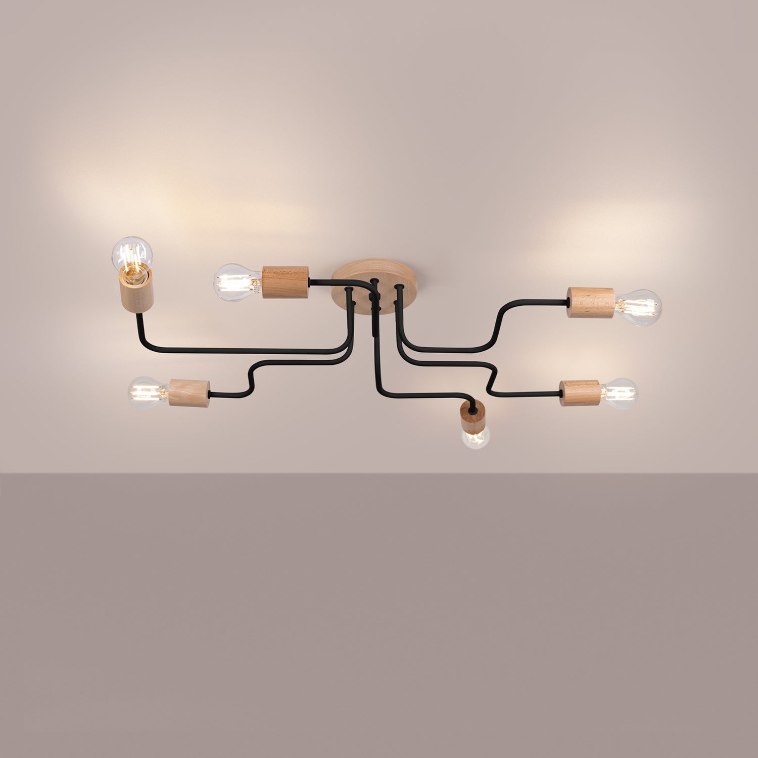 Lustre Timbo 6 bois et métal noir E27 allumé