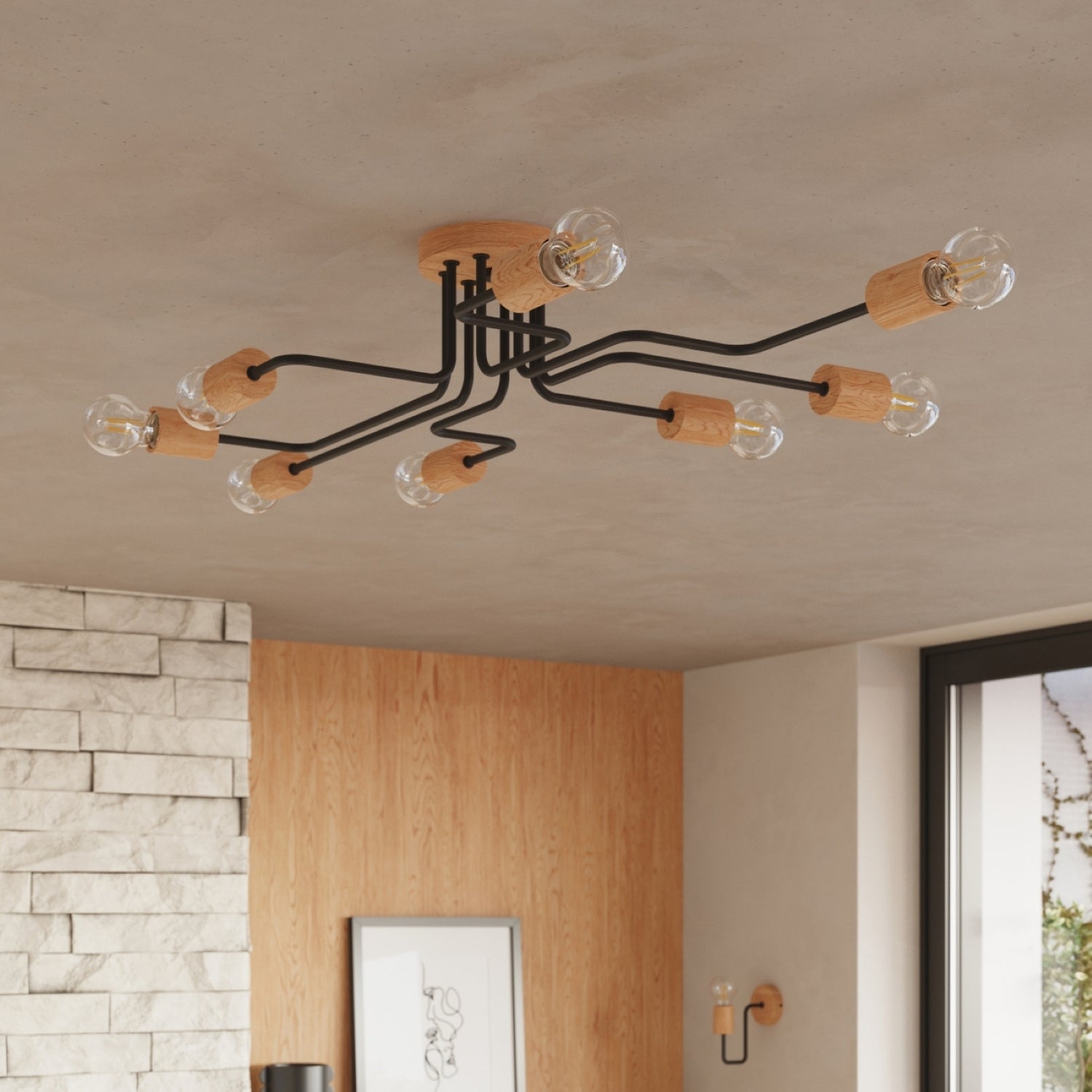 Lustre Timbo 6 bois et métal noir E27 en situation dans un intérieur